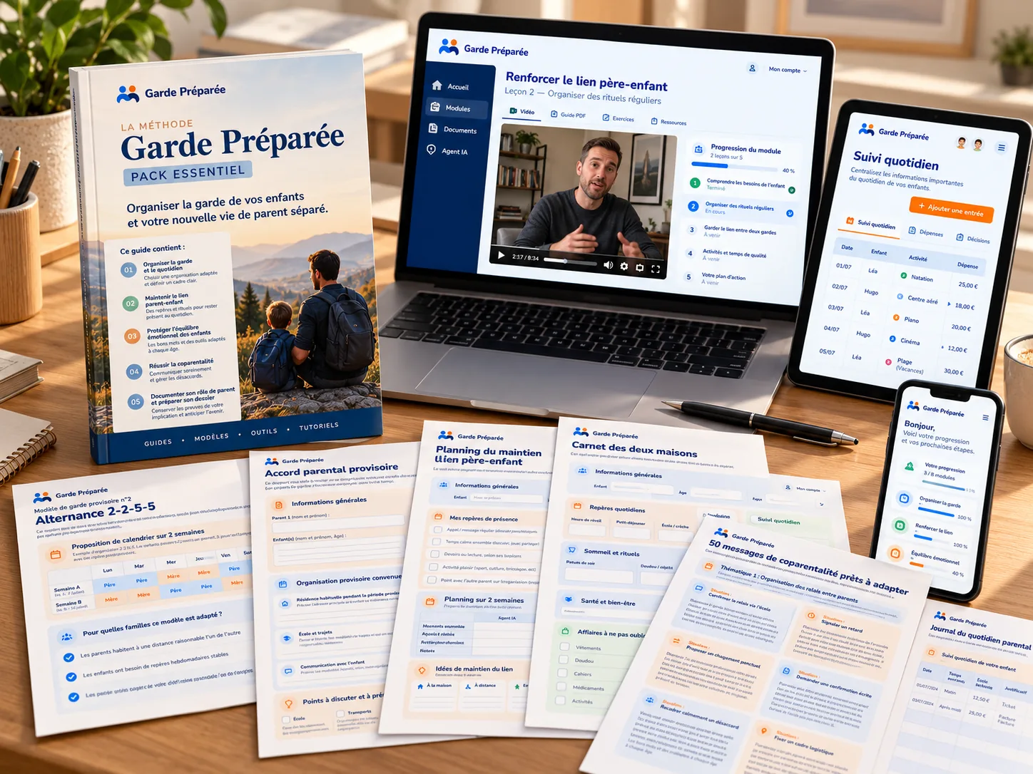 Le kit Garde Préparée : le guide, les calendriers de garde, les modèles d’accords parentaux, le journal parental et les autres documents pratiques